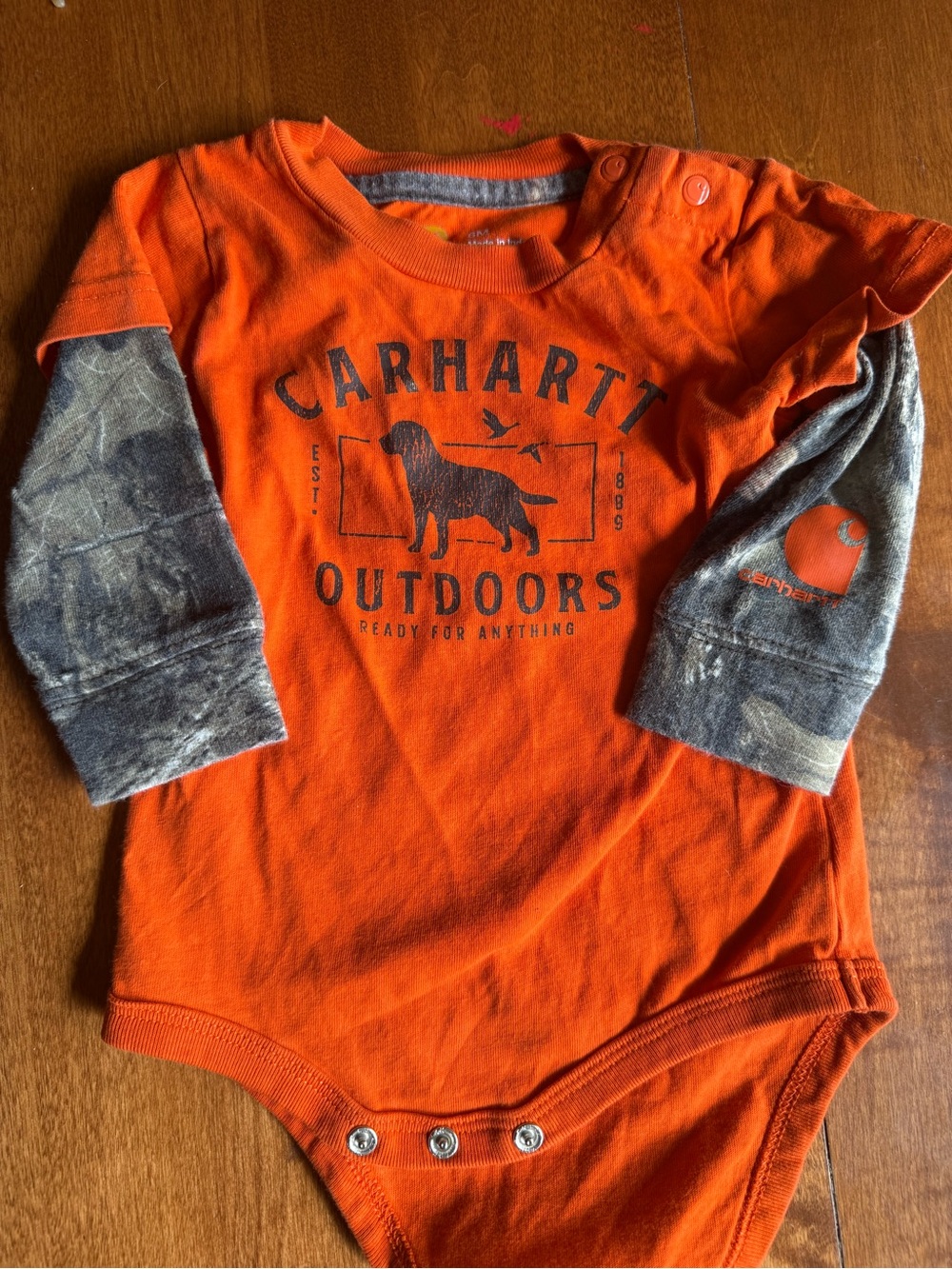 Carhartt Orange Long-Sleeve Bodysuit with Gray Camo Sleeves